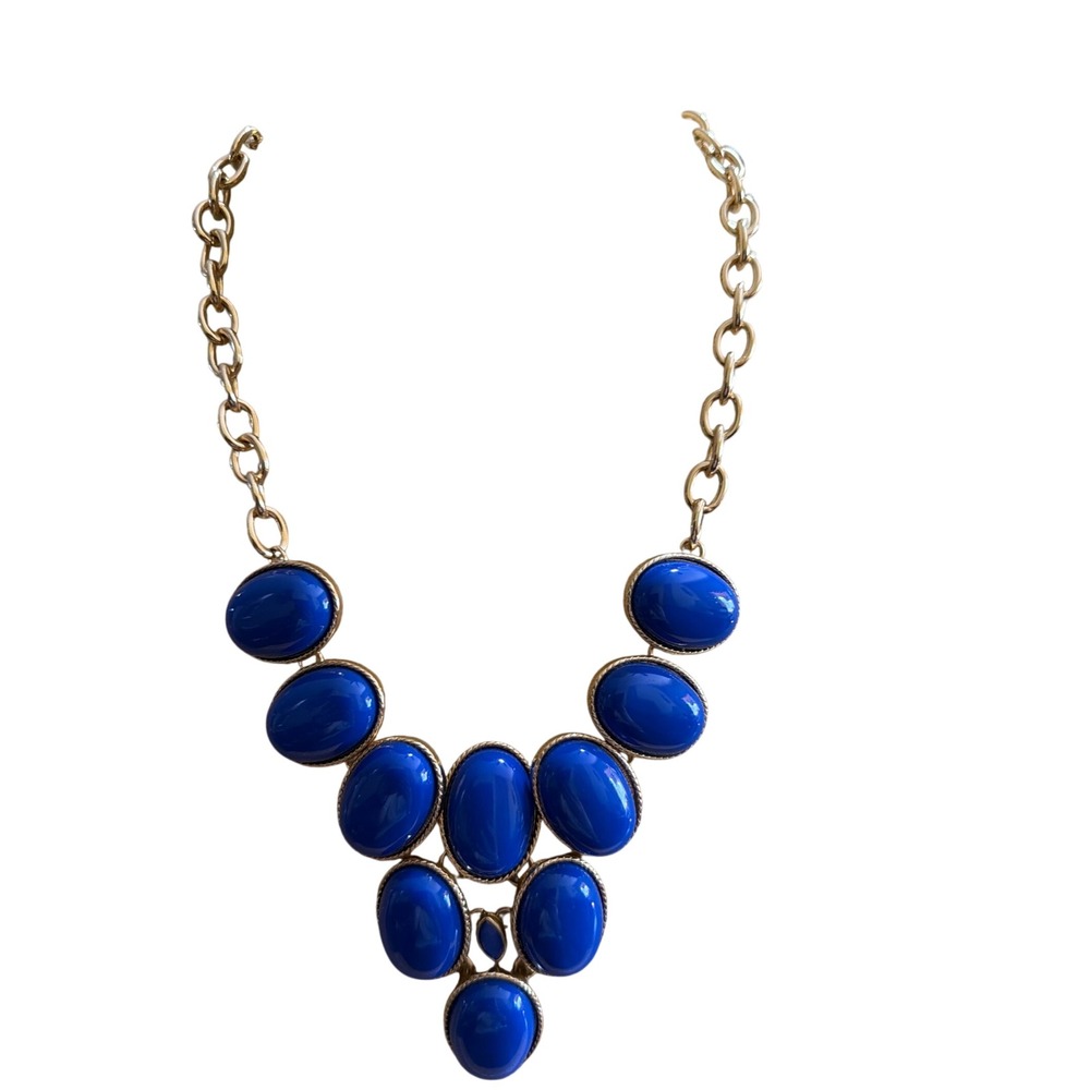 Blue Cabochon Statement Necklace Gold Tone Bib Oval Stones Elegant Statement